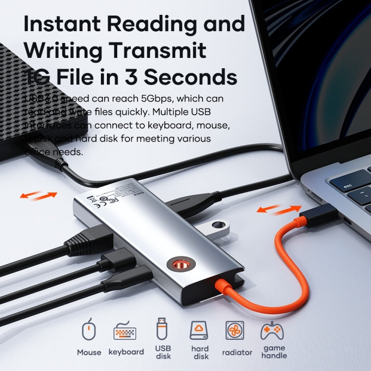 Lisslune | ROCK TR28 HDMI 4K Gigabit Network PD Fast Charger 6 in 1 USB 3.0 HUB (Silver Black)