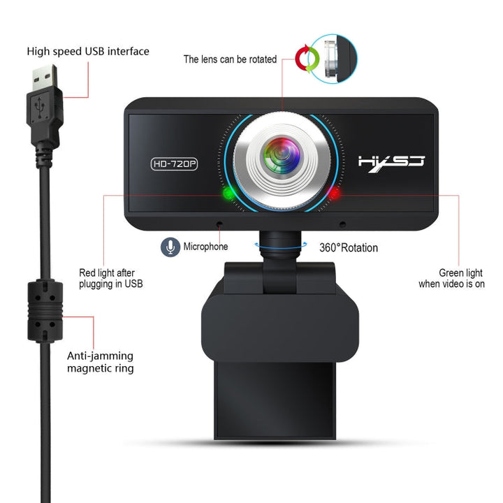 Lisslune | HXSJ S90 30fps 1 Megapixel 720P HD Webcam for Desktop / Laptop / Android TV, with 8m noise-cancelling microphone, Cable length: 1.5m