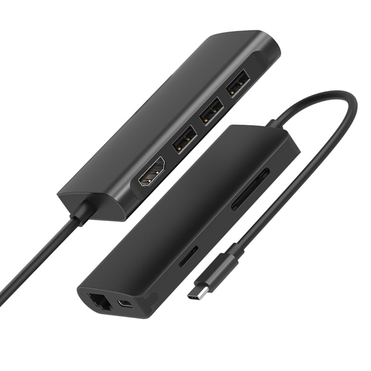 Lisslune | 9591C 8 In 1 USB 3.0 x3 + SD / TF Card + HDMI + RJ45 + Type-C / USB-C (PD) Multifunctional HUB Converter Dock Station (Black)