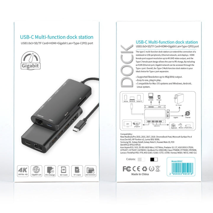 Lisslune | 9591C 8 In 1 USB 3.0 x3 + SD / TF Card + HDMI + RJ45 + Type-C / USB-C (PD) Multifunctional HUB Converter Dock Station (Black)