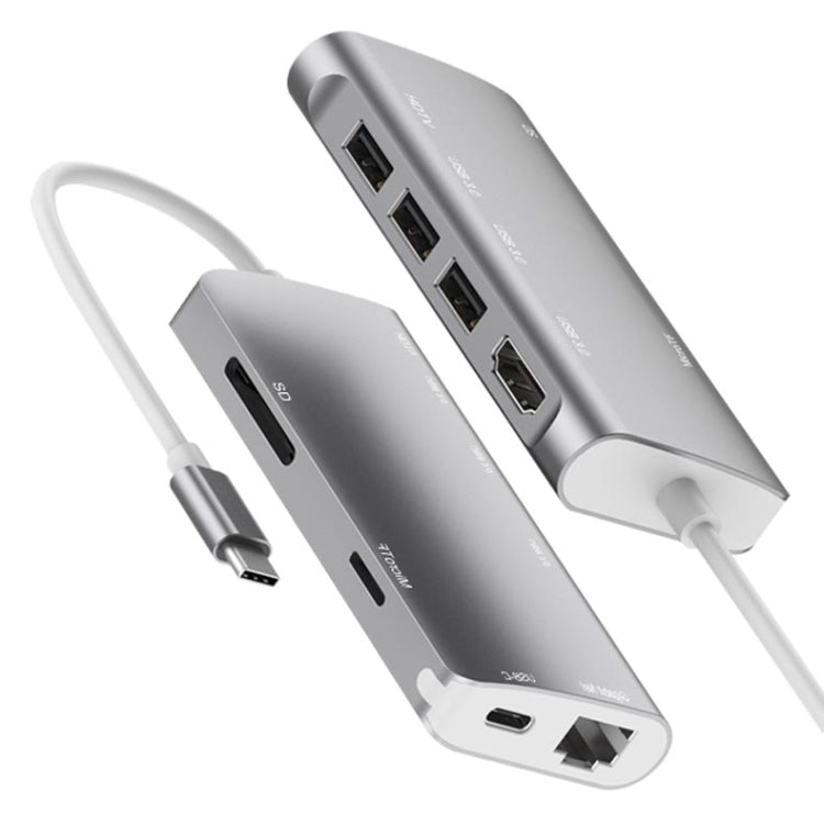 Lisslune | 9591C 8 In 1 USB 3.0 x3 + SD / TF card + HDMI + RJ45 + Type-C / USB-C (PD) Multi-function HUB Converter Dock Station (Silver)