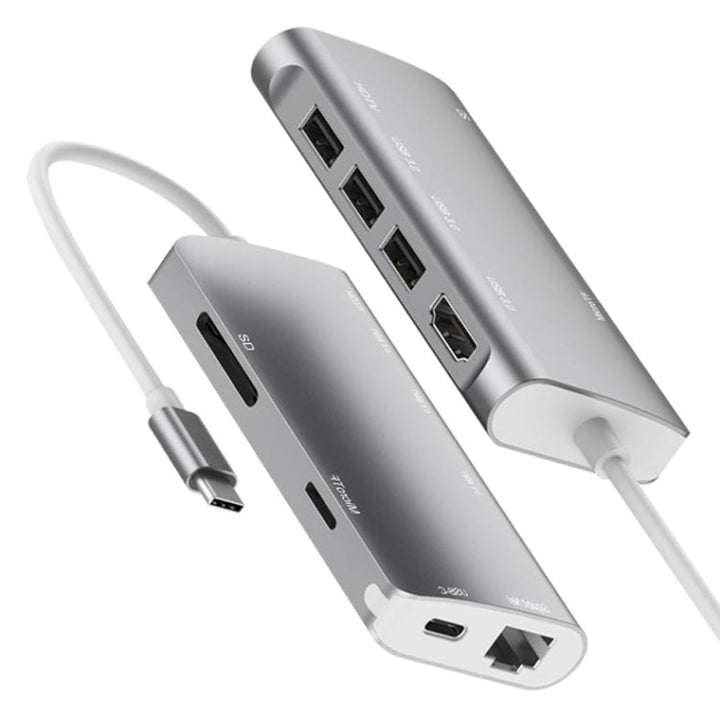 Lisslune | 9591C 8 In 1 USB 3.0 x3 + SD / TF card + HDMI + RJ45 + Type-C / USB-C (PD) Multi-function HUB Converter Dock Station (Silver)
