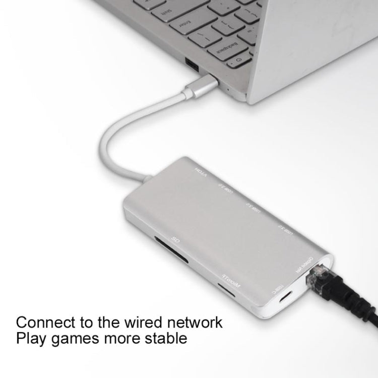Lisslune | 9591C 8 In 1 USB 3.0 x3 + SD / TF card + HDMI + RJ45 + Type-C / USB-C (PD) Multi-function HUB Converter Dock Station (Silver)