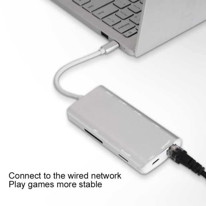 Lisslune | 9591C 8 In 1 USB 3.0 x3 + SD / TF card + HDMI + RJ45 + Type-C / USB-C (PD) Multi-function HUB Converter Dock Station (Silver)