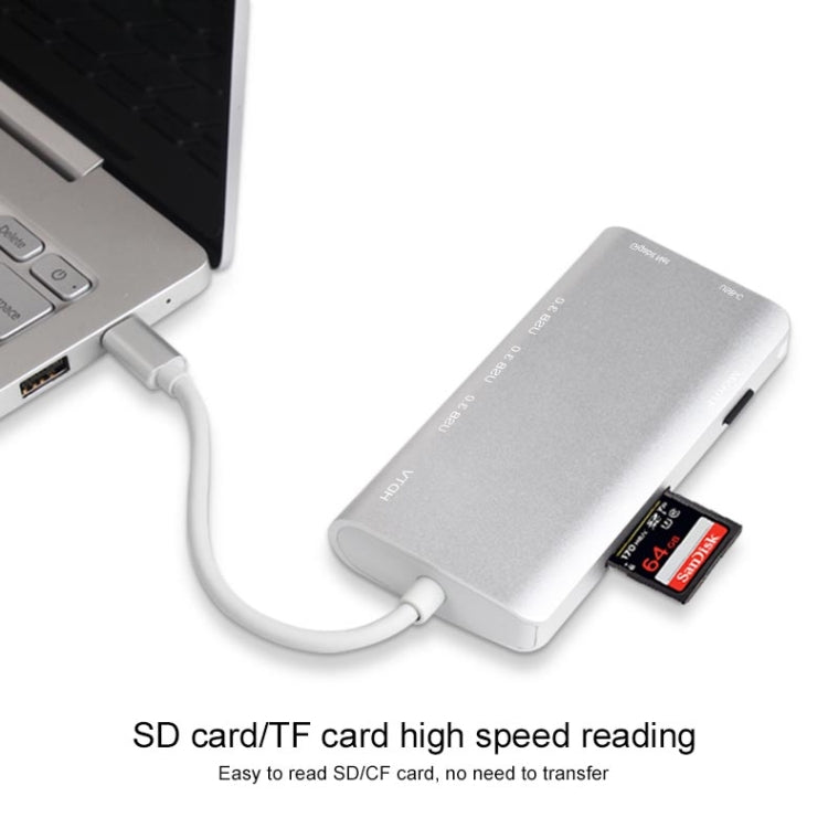 Lisslune | 9591C 8 In 1 USB 3.0 x3 + SD / TF card + HDMI + RJ45 + Type-C / USB-C (PD) Multi-function HUB Converter Dock Station (Silver)
