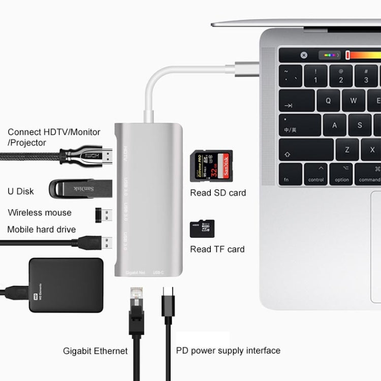 Lisslune | 9591C 8 In 1 USB 3.0 x3 + SD / TF card + HDMI + RJ45 + Type-C / USB-C (PD) Multi-function HUB Converter Dock Station (Silver)