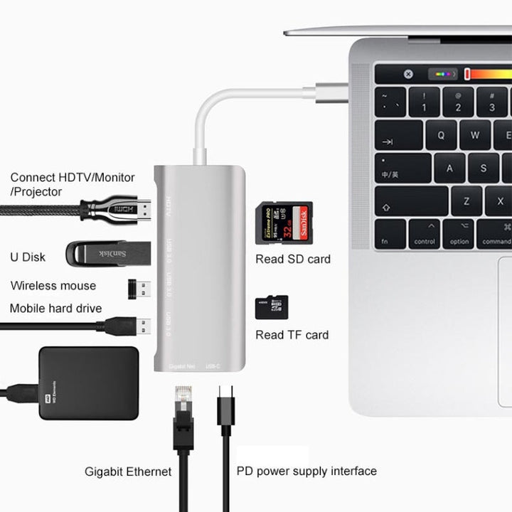 Lisslune | 9591C 8 In 1 USB 3.0 x3 + SD / TF card + HDMI + RJ45 + Type-C / USB-C (PD) Multi-function HUB Converter Dock Station (Silver)
