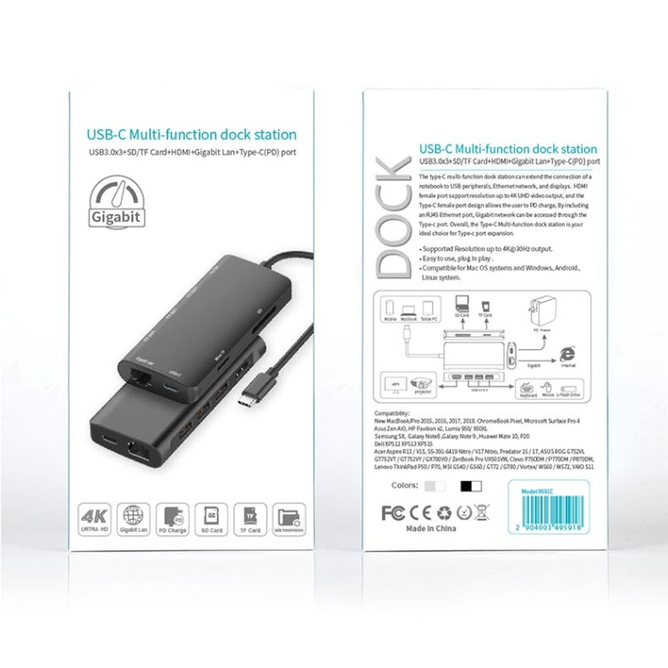 Lisslune | 9591C 8 In 1 USB 3.0 x3 + SD / TF card + HDMI + RJ45 + Type-C / USB-C (PD) Multi-function HUB Converter Dock Station (Silver)