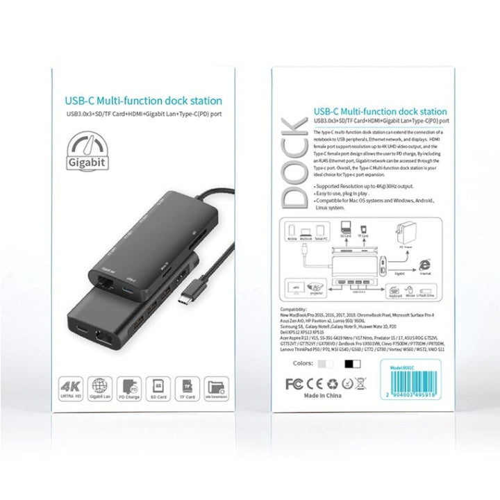 Lisslune | 9591C 8 In 1 USB 3.0 x3 + SD / TF card + HDMI + RJ45 + Type-C / USB-C (PD) Multi-function HUB Converter Dock Station (Silver)