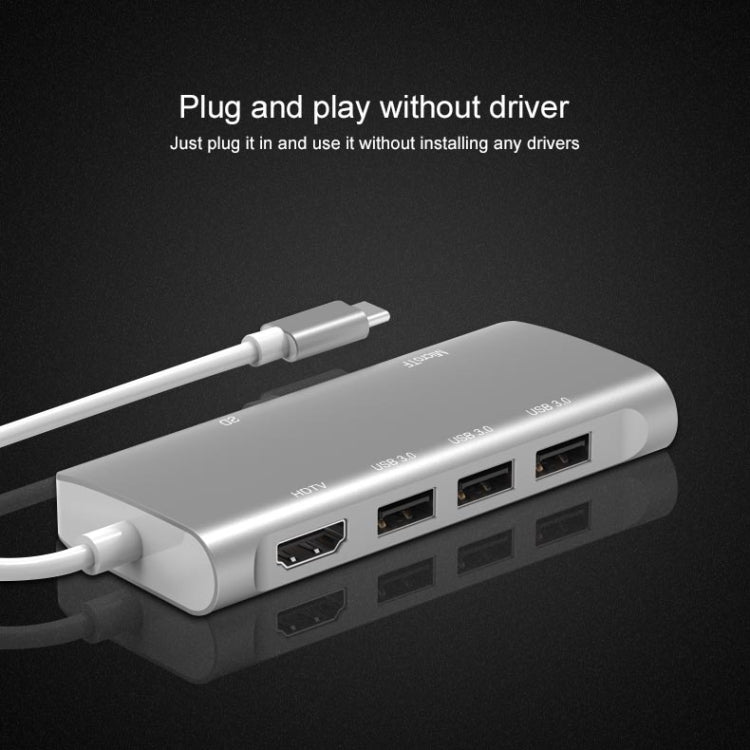 Lisslune | 9591C 8 In 1 USB 3.0 x3 + SD / TF card + HDMI + RJ45 + Type-C / USB-C (PD) Multi-function HUB Converter Dock Station (Silver)