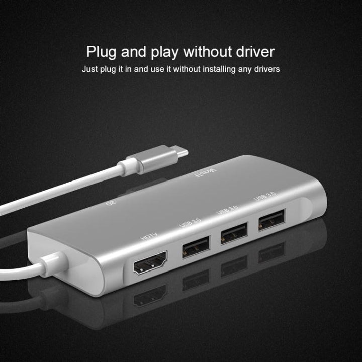 Lisslune | 9591C 8 In 1 USB 3.0 x3 + SD / TF card + HDMI + RJ45 + Type-C / USB-C (PD) Multi-function HUB Converter Dock Station (Silver)