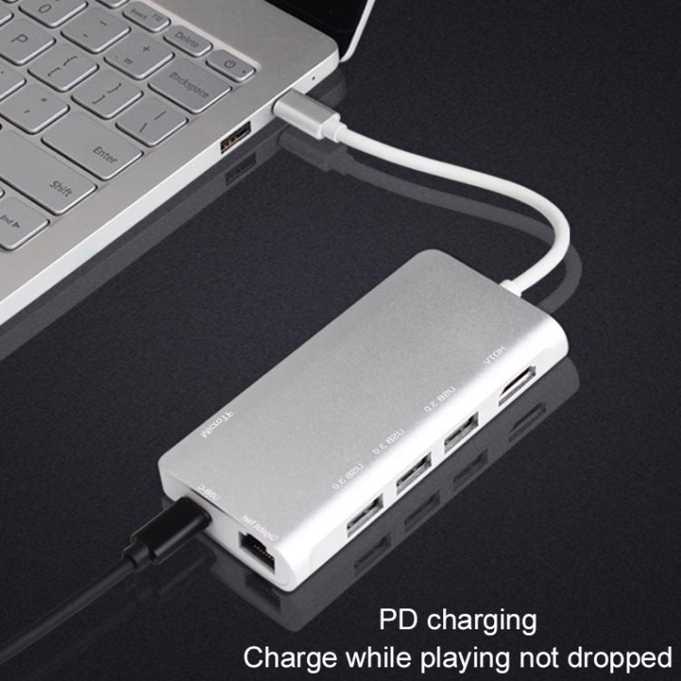 Lisslune | 9591C 8 In 1 USB 3.0 x3 + SD / TF card + HDMI + RJ45 + Type-C / USB-C (PD) Multi-function HUB Converter Dock Station (Silver)