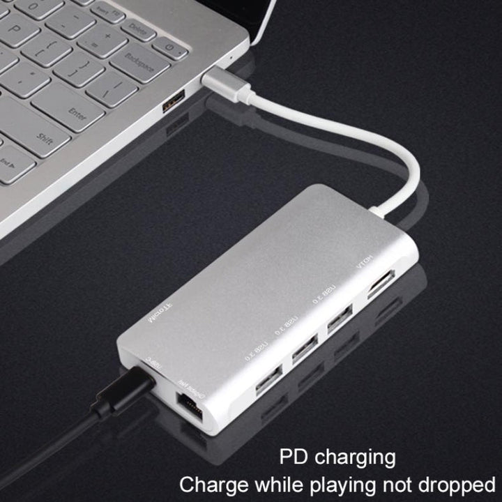 Lisslune | 9591C 8 In 1 USB 3.0 x3 + SD / TF card + HDMI + RJ45 + Type-C / USB-C (PD) Multi-function HUB Converter Dock Station (Silver)