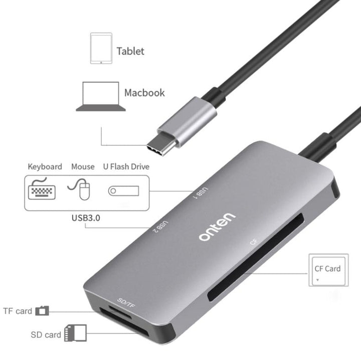 Lisslune | Onten 91882 5 In 1 USB3.0 x3 + SD + TF + CF Type-C / USB-C OTG Multifunction Card Reader