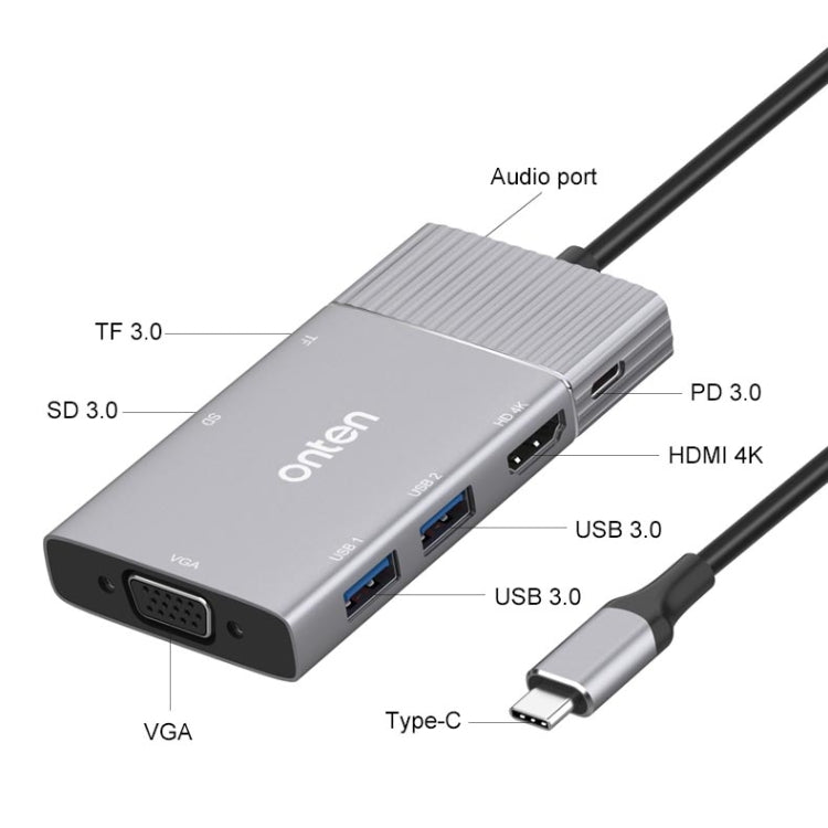 Lisslune | Onten 95113 8 In 1 USB 3.0 x2 + SD / TF + HDMI / VGA + 3.5mm Jack + Type-C / USB-C (PD 3.0) Multifunction HUB Converter Docking Station
