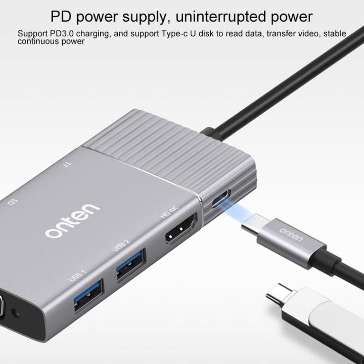 Lisslune | Onten 95113 8 In 1 USB 3.0 x2 + SD / TF + HDMI / VGA + 3.5mm Jack + Type-C / USB-C (PD 3.0) Multifunction HUB Converter Docking Station