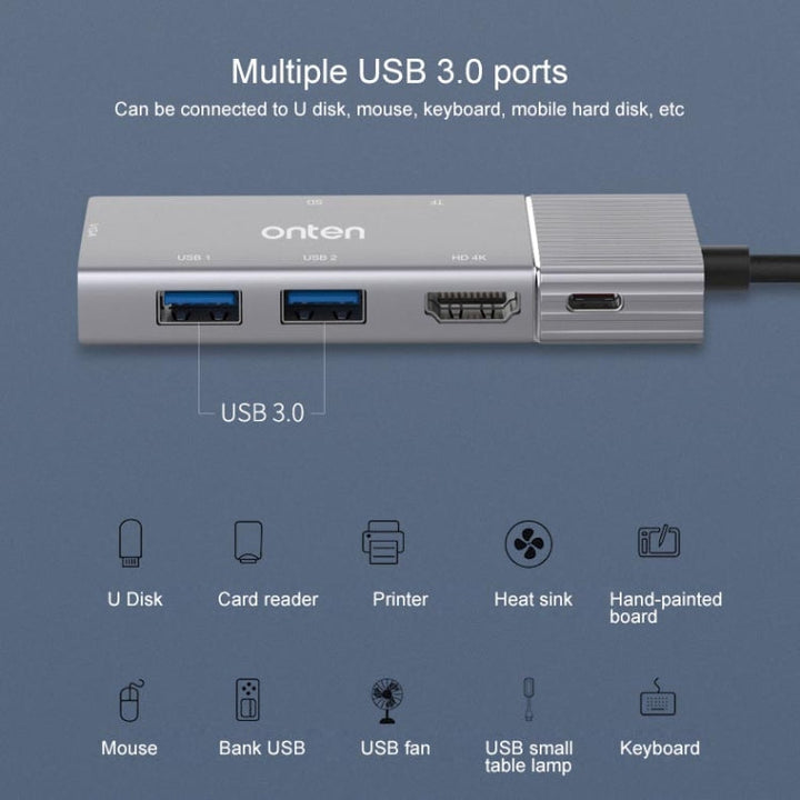 Lisslune | Onten 95113 8 In 1 USB 3.0 x2 + SD / TF + HDMI / VGA + 3.5mm Jack + Type-C / USB-C (PD 3.0) Multifunction HUB Converter Docking Station