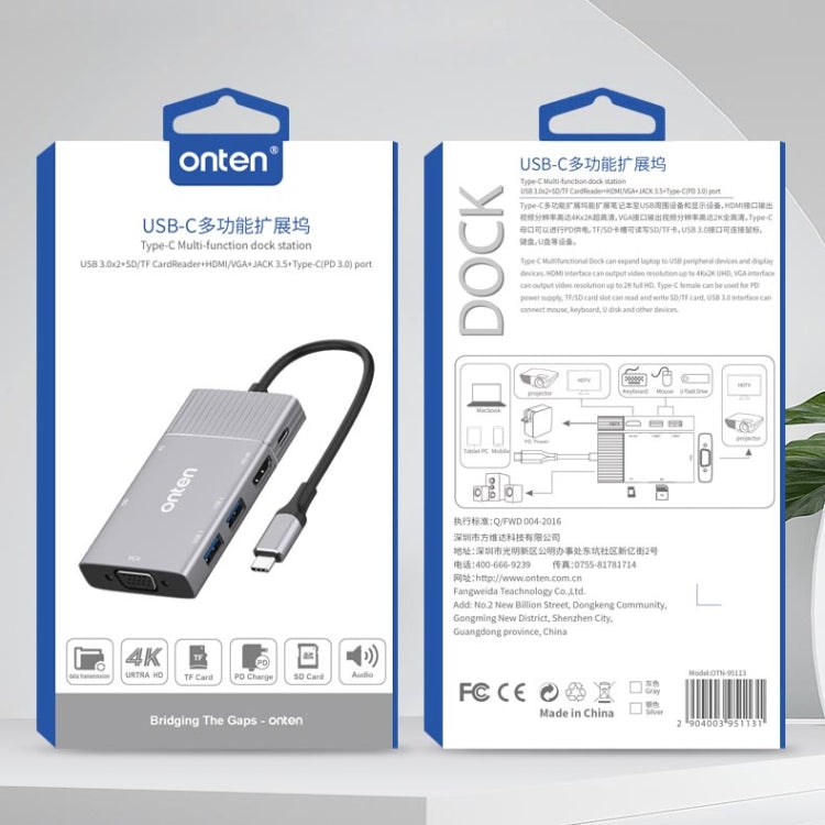Lisslune | Onten 95113 8 In 1 USB 3.0 x2 + SD / TF + HDMI / VGA + 3.5mm Jack + Type-C / USB-C (PD 3.0) Multifunction HUB Converter Docking Station