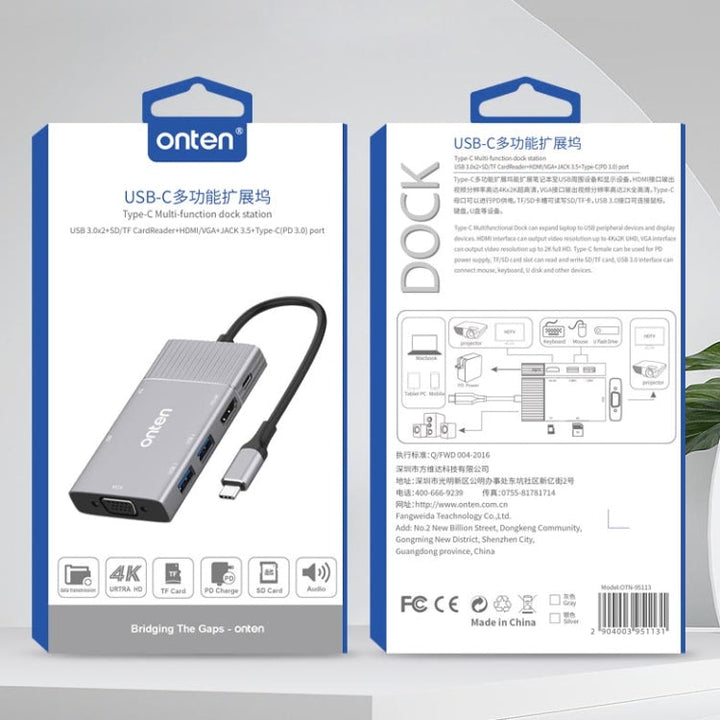Lisslune | Onten 95113 8 In 1 USB 3.0 x2 + SD / TF + HDMI / VGA + 3.5mm Jack + Type-C / USB-C (PD 3.0) Multifunction HUB Converter Docking Station