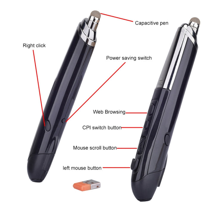 Lisslune | PR-08 6-Button Smart Wireless Optical Mouse with Stylus Pen & Laser Function (Black)