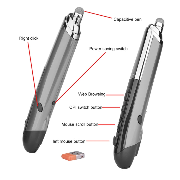 Lisslune | PR-08 6-Button Smart Wireless Optical Mouse with Stylus Pen & Laser Function (Gray)