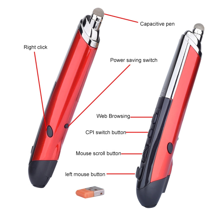Lisslune | PR-08 6-Button Smart Wireless Optical Mouse with Stylus Pen & Laser Function (Red)
