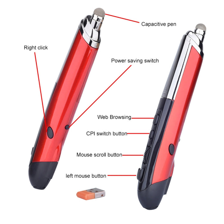 Lisslune | PR-08 6-Button Smart Wireless Optical Mouse with Stylus Pen & Laser Function (Red)
