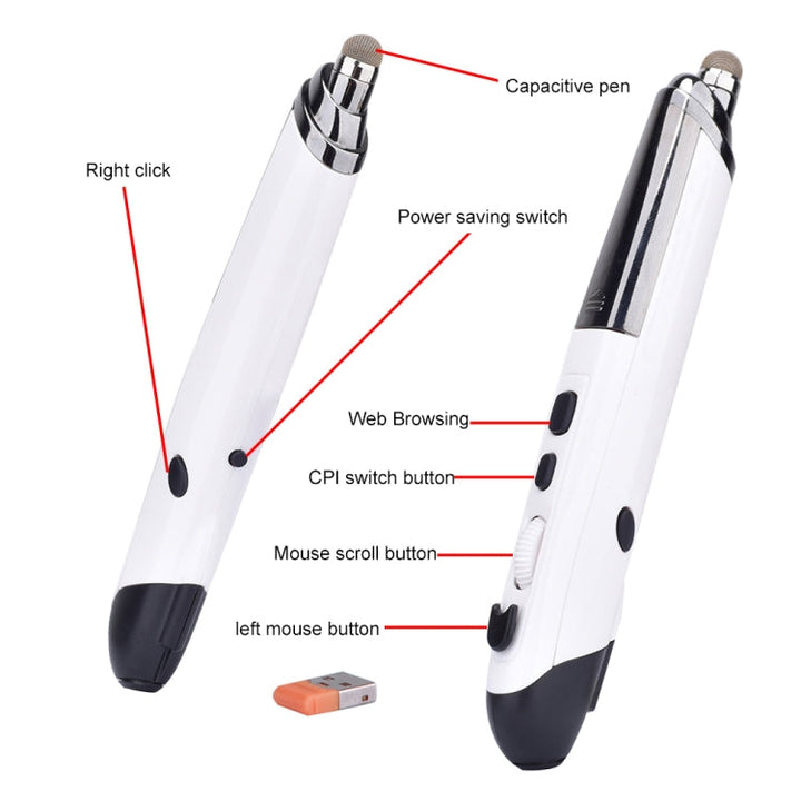 Lisslune | PR-08 6-Button Smart Wireless Optical Mouse with Stylus Pen & Laser Function (White)