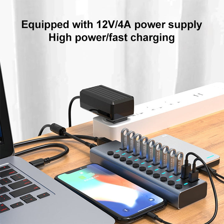 Lisslune | 11 in 1 USB 3.0 HUB splitter with independent switch & 12V 4A power supply