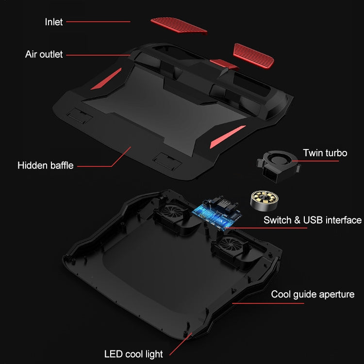 Lisslune | SSRQ-021S Red Light + Adapter Version Flank Glowing Dual-Fan Laptop Cooler Two-Speed Adjustable Computer Base for Laptops Under 18 Inches, US Plug