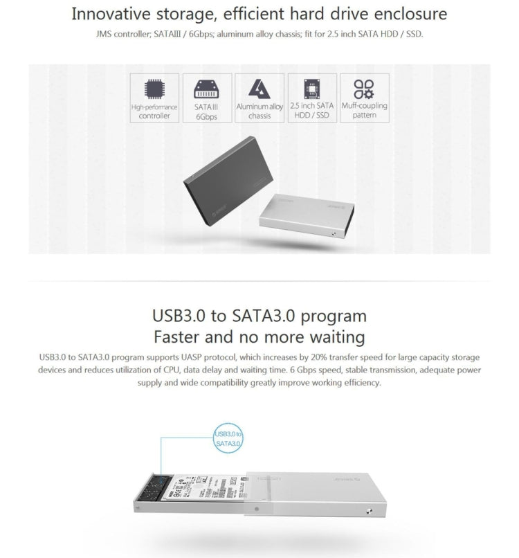 Lisslune | ORICO 2518S3 USB3.0 External Hard Drive Enclosure Storage Case for 7mm & 9.5mm 2.5 Inch SATA HDD / SSD (Gray)