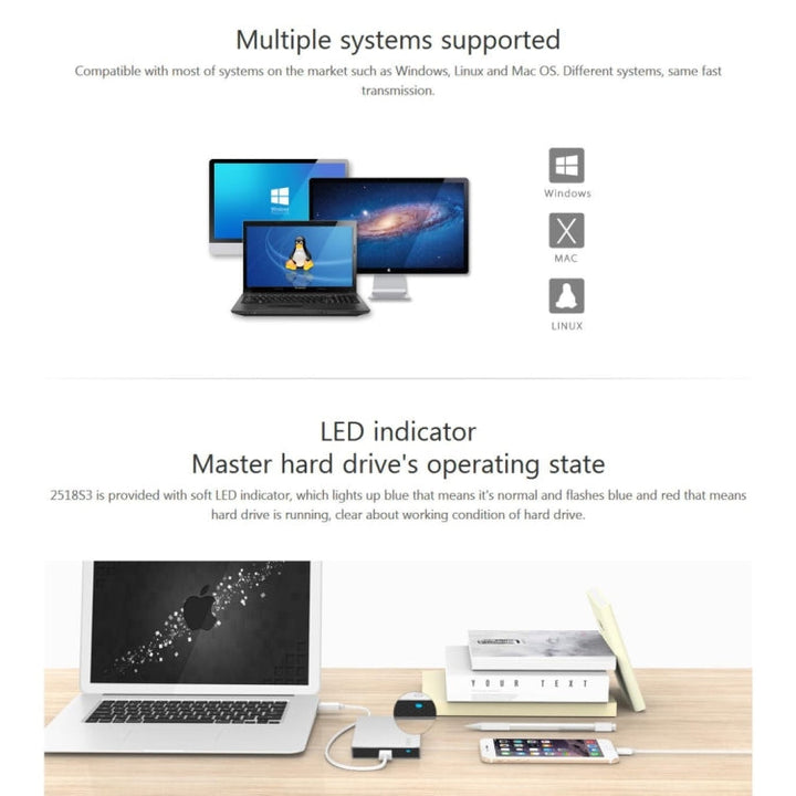 Lisslune | ORICO 2518S3 USB3.0 External Hard Drive Enclosure for 7mm & 9.5mm 2.5 inch SATA HDD / SSD (Silver)