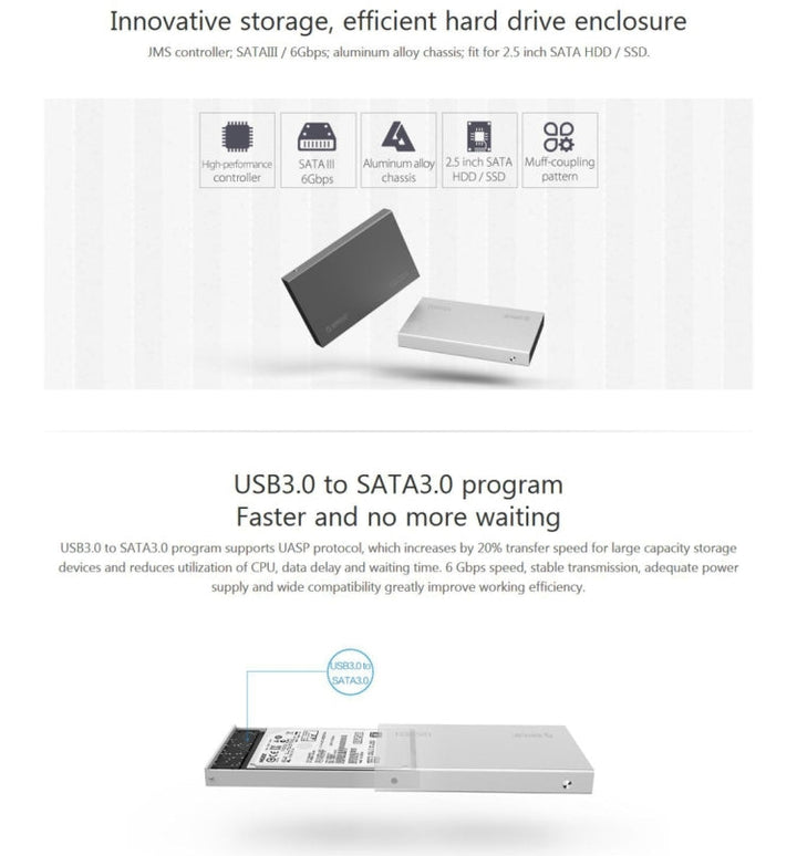Lisslune | ORICO 2518S3 USB3.0 External Hard Drive Enclosure for 7mm & 9.5mm 2.5 inch SATA HDD / SSD (Silver)