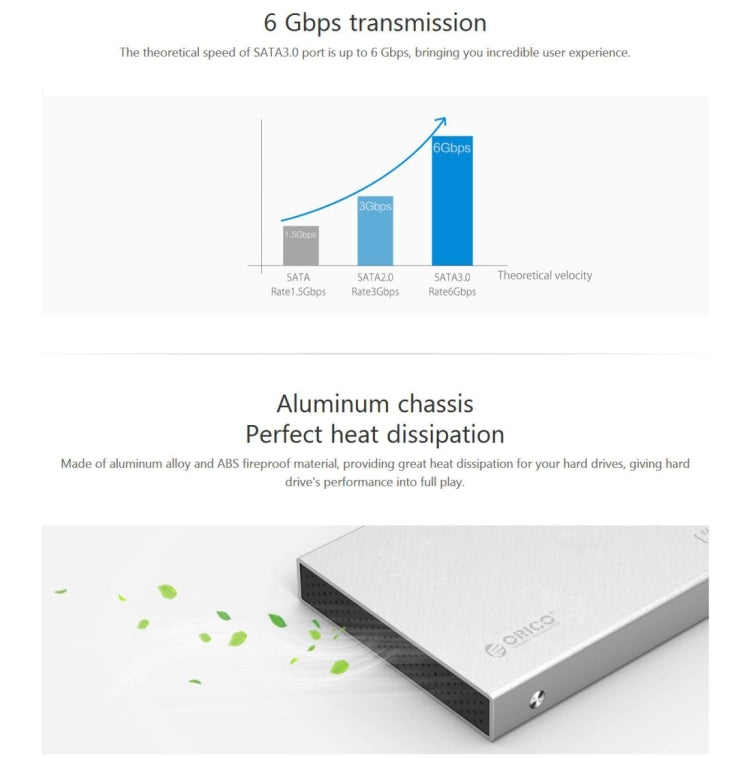 Lisslune | ORICO 2518S3 USB3.0 External Hard Drive Enclosure for 7mm & 9.5mm 2.5 inch SATA HDD / SSD (Silver)