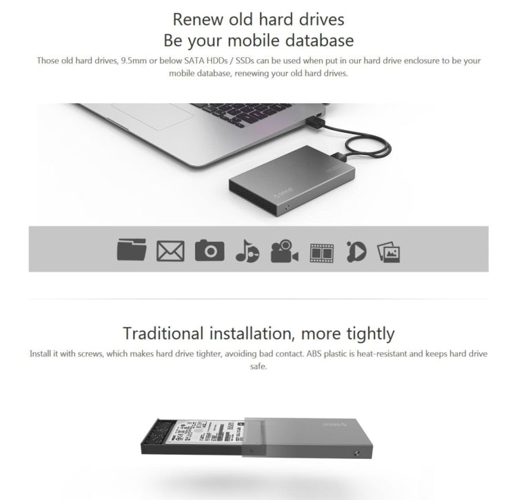 Lisslune | ORICO 2518S3 USB3.0 External Hard Drive Enclosure for 7mm & 9.5mm 2.5 inch SATA HDD / SSD (Silver)