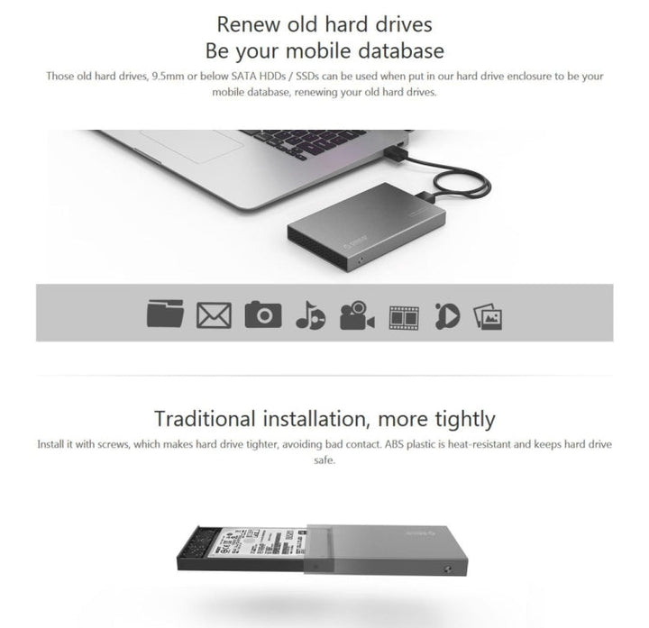 Lisslune | ORICO 2518S3 USB3.0 External Hard Drive Enclosure for 7mm & 9.5mm 2.5 inch SATA HDD / SSD (Silver)