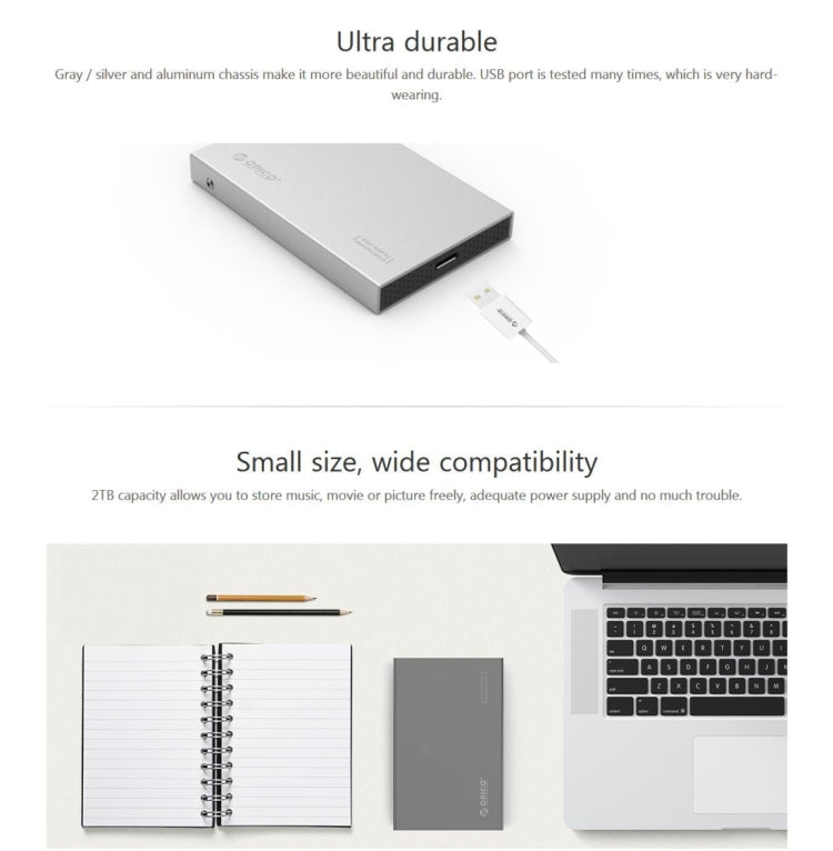 Lisslune | ORICO 2518S3 USB3.0 External Hard Drive Enclosure for 7mm & 9.5mm 2.5 inch SATA HDD / SSD (Silver)