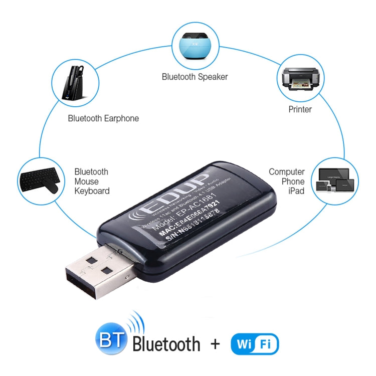 Lisslune | EDUP EP-AC1681 2 in 1 AC1200Mbps 2.4GHz & 5.8GHz Dual Band USB WiFi Adapter External Network Card with Bluetooth 4.1 Function