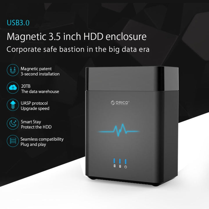 Lisslune | ORICO DS200U3 3.5 inch 2 Bay Magnetic USB 3.0 Hard Drive Enclosure with Blue LED Display (Black)