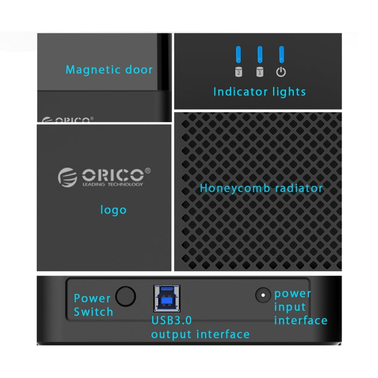 Lisslune | ORICO DS200U3 3.5 inch 2 Bay Magnetic USB 3.0 Hard Drive Enclosure with Blue LED Display (Black)