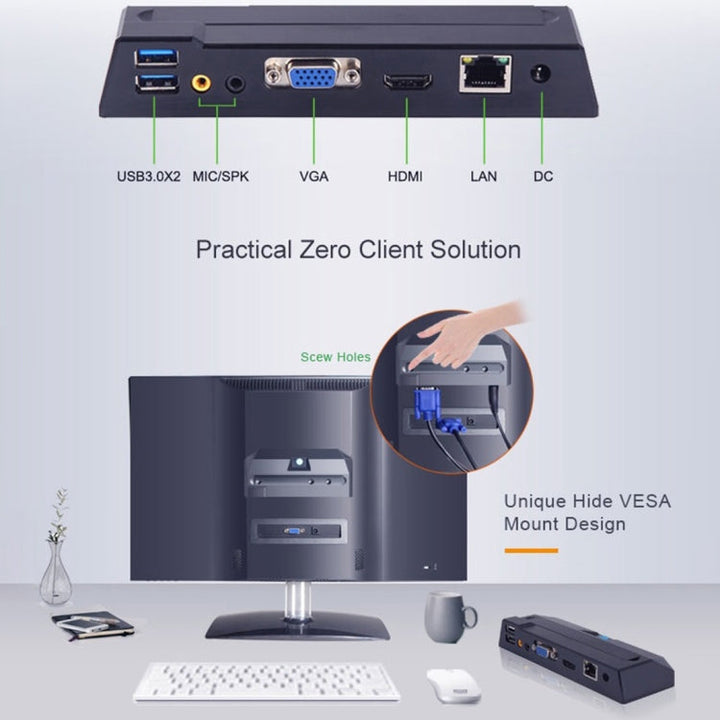 Lisslune | Zero Client R1W Mini-PC, CORTEX QUAD A9 Quad-Core up to 1.6 GHz, RAM: 1 GB, ROM: 8 GB, WiFi support, HDMI, VGA, RJ45, SPK