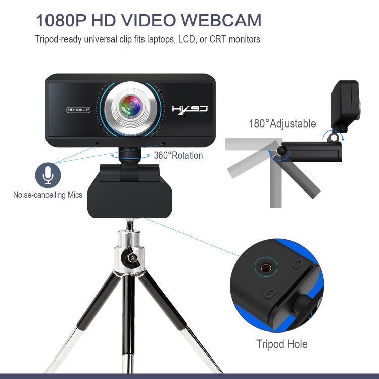 Lisslune | HXSJ S4 1080P adjustable 180 degree HD manual focus video webcam PC camera with microphone (Black)