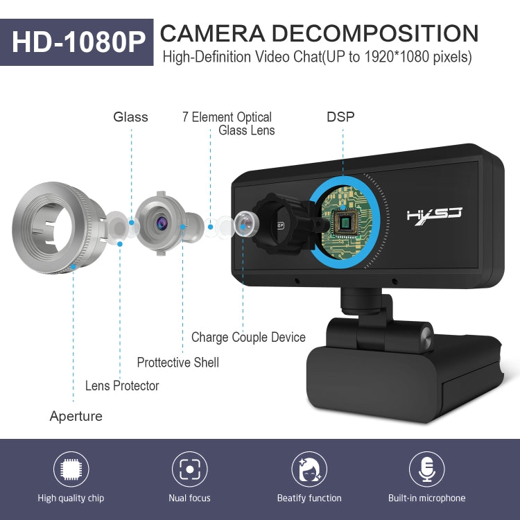 Lisslune | HXSJ S4 1080P adjustable 180 degree HD manual focus video webcam PC camera with microphone (Black)