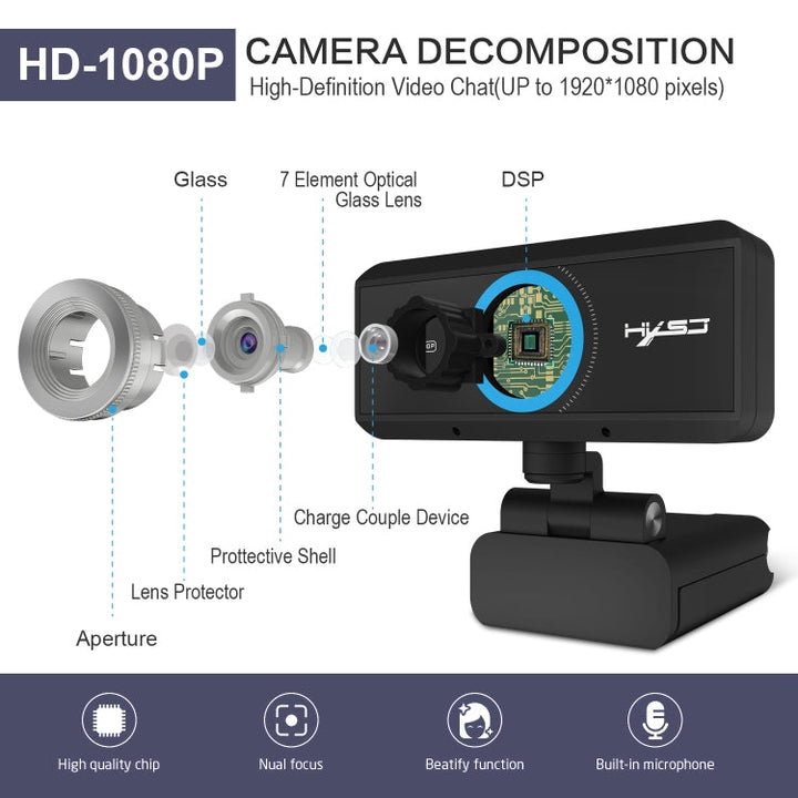Lisslune | HXSJ S4 1080P adjustable 180 degree HD manual focus video webcam PC camera with microphone (Black)