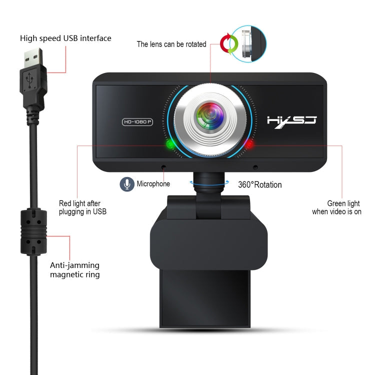 Lisslune | HXSJ S4 1080P adjustable 180 degree HD manual focus video webcam PC camera with microphone (Black)