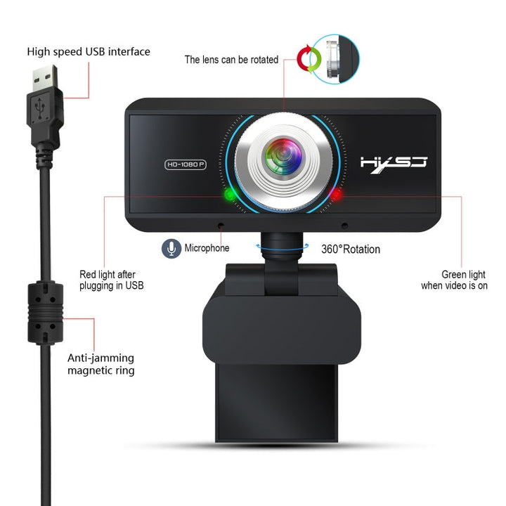 Lisslune | HXSJ S4 1080P adjustable 180 degree HD manual focus video webcam PC camera with microphone (Black)