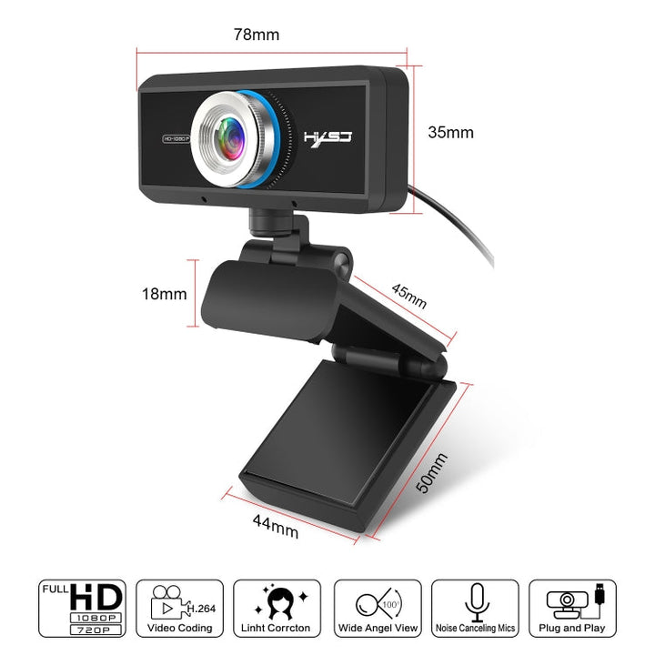 Lisslune | HXSJ S4 1080P adjustable 180 degree HD manual focus video webcam PC camera with microphone (Black)