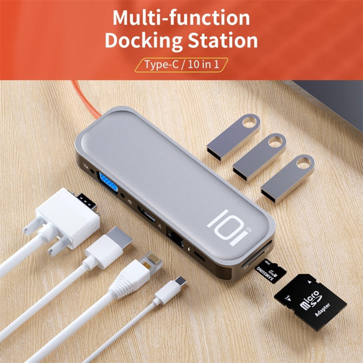 Lisslune | ROCK TR01 10 In 1 Type-C / USB-C to HDMI + VGA Multifunction Extension HUB Adapter (Silver)
