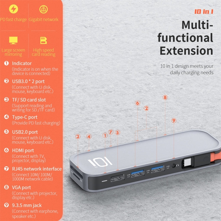 Lisslune | ROCK TR01 10 In 1 Type-C / USB-C to HDMI + VGA Multifunction Extension HUB Adapter (Silver)