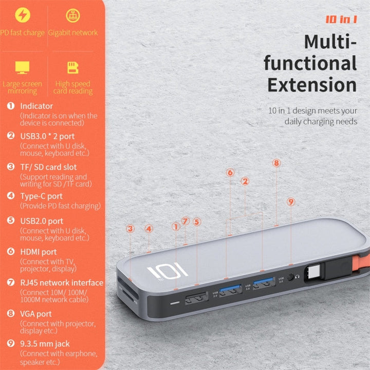 Lisslune | ROCK TR01 10 In 1 Type-C / USB-C to HDMI + VGA Multifunction Extension HUB Adapter (Silver)